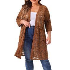 Introducing this elegant and versatile lace cardigan, a good choice for any woman's wardrobe. This cardigan for women is perfect for all occasions, from casual outings to dressy events. This lightweight cardigan offers a comfortable and breathable fit, ensuring that you can stay stylish and comfortable all day long. Featuring an open-front design and 3/4 sleeves, this knee-length cardigan is both trendy and practical. The lace detailing adds a touch of femininity and elegance, making it a perfec Bohemian One-size Cheap Cardigan, Knee Length Cardigan, Torrid Long Heavy Cardigan, Brown V-neck Cardigan With Pockets, Luxury Bohemian Long-sleeve Cardigan, Long Cardigans, Lace Shrug, Bohemian Long-sleeved Cardigan With Pockets, Plus Size Lace