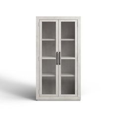 a white cabinet with glass doors on the front and bottom shelves, against a white background