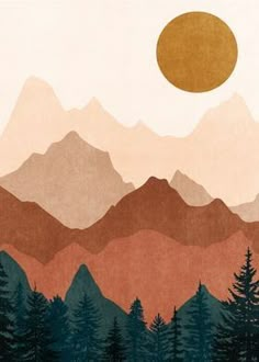 an image of a mountain scene with trees and the sun in the sky above it