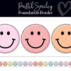 three smiley faces with different colors and shapes