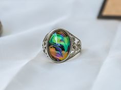 Limited Edition Opalescent Oval Stone Mood Ring. Mood Chart, Mood Rings, Canvas Gift Bag, Mood Stone, Mood Ring, Stone Inlay, Canvas Gift, Statement Ring Silver, Oval Stone