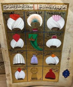 an old book with arabic calligraphy and pictures on it's cover, depicting different types of hats