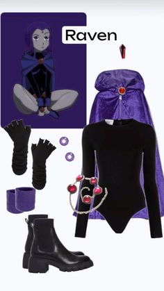 a woman in black and purple outfit with accessories