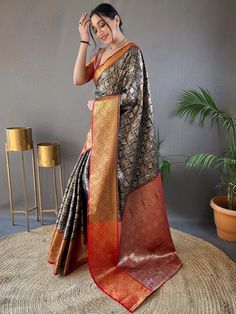 Elevate your ethnic fashion game with our stunning "fascinating black zari weaving silk festival wear saree with blouse"! Made from luxurious silk material, this saree features intricate zari weaving work that adds a touch of elegance and sophistication. The saree comes in a beautiful black color, making it perfect for various occasions such as festivals, functions, and weddings.
The saree measures 5.50 meters, providing ample fabric for you to drape and style it in different ways. The set also Pattu Silk Saree, Brown Border, Ethnic Looks, Kanjivaram Sarees, Contrast Blouse, Wear Saree, Blouse Material, Traditional Sarees, Silk Material