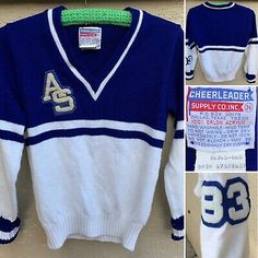 the sweaters are being displayed for sale in different styles and colors, including blue, white