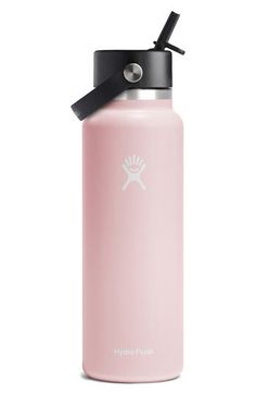 a pink water bottle with a black lid and an emblem on the side that says hydrofry