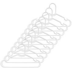 a set of five white plastic hangers on a white background with clippings