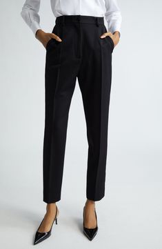 Inspired by the rich imagery of 1960s Sicily, these wool-blend gabardine trousers boast a clean, tailored silhouette and straight legs cropped at the ankle. Zip fly with button closure Front slant pockets; back welt pockets 89% virgin wool, 9% silk, 2% polyester Dry clean Made in Italy Designer Clothing Formal Spring Bottoms With Straight Silhouette, Chic Straight Silhouette Evening Bottoms, Formal Straight Silhouette Bottoms For Spring, Elegant Straight Work Pants For Office, Luxury Tailored Trousers Pantsuit, Chic Wool Bottoms For Evening, Spring Wool Pants With Tapered Leg, Spring Wool Tapered Leg Pants, Luxury Straight Leg Dress Pants For Semi-formal Occasions