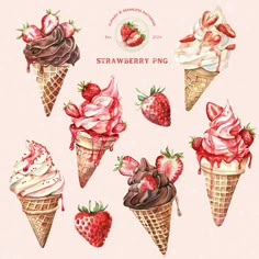 watercolor painting of ice cream and strawberries in waffle cones on pink background