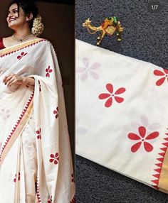 Kerala Kasavu floral print saree. Floral Printed Saree, Festive White Traditional Wear With Floral Print, White Traditional Wear With Floral Print, White Floral Print Traditional Wear, Designer Wear Dupatta With Block Print, Cotton Silk Saree With Floral Print, White Floral Print Traditional Wear For Diwali, Spring Floral Print Saree, Unstitched Printed Motifs Saree