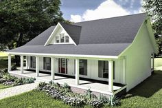 this is a computer rendering of a small house with porches and covered front porch