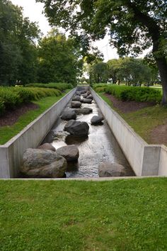 a small stream running through a park filled with rocks