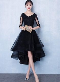 Black High Low Tulle Party Dress, Black Evening Outfit Perpisahan, Homecoming Dress Black, Gaun Koktail, Party Dresses With Sleeves, Black Lace Shorts, Black Prom Dress, Black Prom, Lace Homecoming Dresses, Short Prom Dress