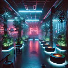 a dimly lit room filled with potted plants and lights on the ceiling, surrounded by stools