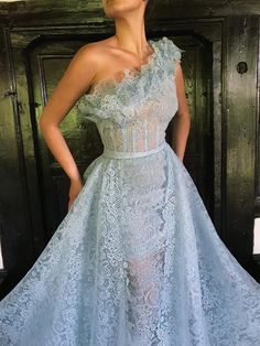 Floral Gowns, Designers Dresses, Handmade Belt, Dresses A Line, One Shoulder Prom Dress, Detachable Train, Blue Evening Dresses, Blue Gown