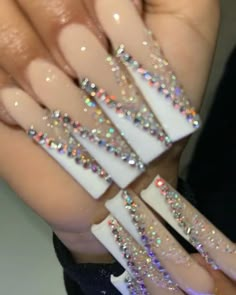 Nail Idea Long Square, Long Acrylic Birthday Nails Ideas, Long Nail Designs With Rhinestones, Long Birthday Nail Designs, Acrylic Nail Designs Rhinestones, Rhinestone Nails Ideas, Prom Nails With Rhinestones, Birthday Nail Ideas Acrylic Long, Prom Nail Sets