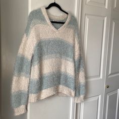 Cream & Teal Striped Knit Sweater Oversized V-Neckline Fuzzy & Cozy Size: M Brand New/Never Worn * Measurements * Chest & Length: 24” * Material * 100% Polyester V Neck Oversized Sweater, Knit Sweater Oversized, Oversized Knit Sweater, Striped Knit Sweater, Sweater Oversized, Sweater Oversize, Chunky Knit Sweater, Oversized Knitted Sweaters, Fuzzy Sweater