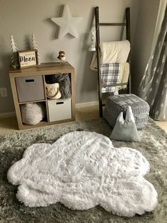 a white rug in the middle of a room with furniture and decorations on the floor