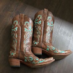 Tagged A Size 9.5. Worn Once. Brown With Turquoise And Tan Detailed Stitching. Country Fits, Women's Circle, Dream Outfits, Western Boots, Blue Brown, Color Blue, Stitching, Turquoise, Women Shoes