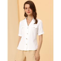 Creates an elegant chic look to your wardrobe with this button-up work shirt. A perfect choice for work or business casual with the classic solid colors of this blouse. The soft and lightweight woven fabric ensures all-day comfort. Suitable for summer and for many occasions, such as office, school, meeting, daily casual wear for your vacation, trip, or indoors. Classic Cotton Button-up Short Sleeve Shirt, Everyday White Short Sleeve Button-up Shirt, Everyday Button-up Short Sleeve Shirt With Pockets, Cotton Button-up Short Sleeve Shirt With Buttoned Pockets, Button-up Short Sleeve Shirt With Pockets For Casual Gatherings, Linen Shorts Women, Chelsea Boots Women, Black Velvet Dress, Elegant Chic