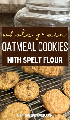 Cookie jar with oatmeal cookies below and text "Whole grain oatmeal cookies with spelt flour" Spelt Flour Muffin Recipes, Recipes With Spelt Flour, Recipes Using Spelt Flour, Spelt Cookies Healthy, Spelt Flour Cookies, Homestead Baking, Spelt Cookies, Oatmeal Cookies With Chocolate Chips, Winter Baking Recipes