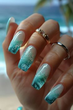 50 Greek Nail Designs to Transform Your Manicure In 2024 - Latest & Trendy Nail Designs Ombre Beach Nails, Fade Nail Designs, Turquoise Ombre Nails, Blue White Nails, Nail Art Creative, Wild Nails, Summer Holiday Nails, Teal Nail Designs, Aqua Nails