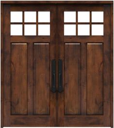 a wooden door with two sidelights on the top and bottom panel, in dark wood