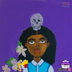 a painting of a girl with a skull on her head and flowers in front of her