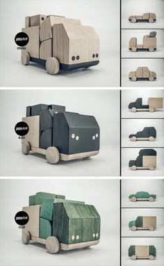 four different views of the same vehicle made out of wood