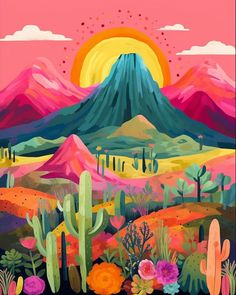 an image of a desert scene with cactus and mountains