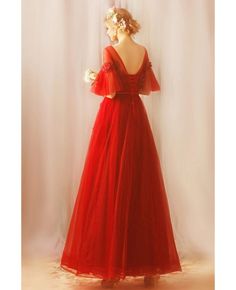 Buy Modest Long Red Tulle A Line Party Dress With Sleeves Lace Up at wholesale price online. Free shipping and pro custom service since 2009. Elegant Tulle Ball Gown For Christmas, Elegant Christmas Tulle Ball Gown, Red A-line Tulle Dress, Red Tulle Ball Gown For Evening, Formal Red Tulle Dress, Christmas Evening Tulle Dress, Red Tulle Formal Dress, Formal Red Tulle Ball Gown, Red Tulle Ball Gown For Formal Occasions