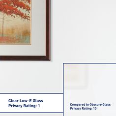 a painting hanging on the side of a wall next to a framed art piece with text reading clear low - e glass privacy