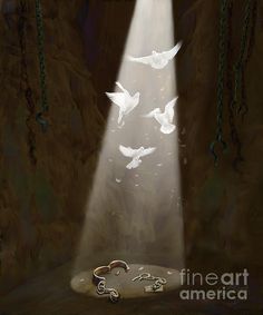 the light shines brightly on birds flying in front of a stone wall with chains hanging from it