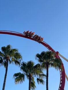 an amusement park ride with palm trees in the foreground and a blue sky background