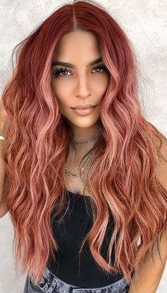 Nails For Copper Hair, Copper To Pink Ombre Hair, Red Pink Balayage Hair, Copper To Pink Hair, Copper Hair With Pink Peekaboo, Pink Hair For Fall, Cooper And Pink Hair, Rose Gold Hair With Blonde Money Piece, Rose Gold And Red Hair