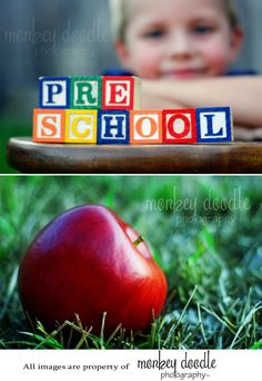 an apple and blocks spelling the word pre school