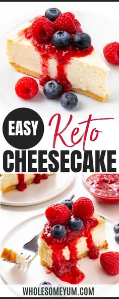 easy keto cheesecake with berries and blueberries on the top is ready to be eaten