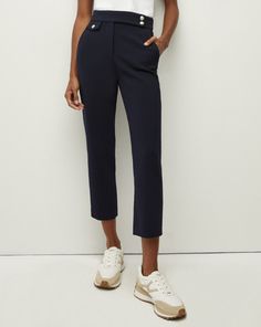 A slim leg and streamlined silhouette make our Renzo pants a go-to pair for the office. Wear with a feminine blouse and statement heels for a chic, uptown look. Pair with the Miller Dickey Jacket for a matching set!63% Polyester, 31% Viscose, 6% ElastaneProfessional dry-clean onlyStyle #CORESU0026409S Statement Heels, Feminine Blouses, Slim Leg Pants, Navy Gold, Slim Leg, Veronica Beard, Gold Buttons, Slim Legs, Office Wear