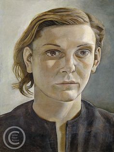 a painting of a woman with long hair and brown eyes, wearing a black shirt