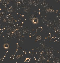 an image of stars and planets in the sky with gold foil on black background,