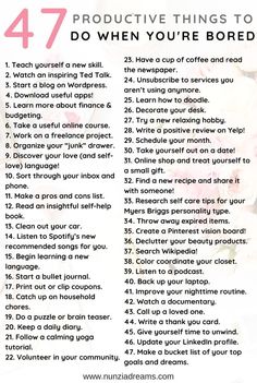 We all experience moments in time when we feel a bit bored or at a standstill. It’s a perfectly normal thing to go through in life. Long lasting boredom may annoy or even demotivate you. For this reason, you should create a list of go-to productive things to do when you’re bored! Bored List, Bored Jar, Bored At Home, What To Do When Bored, Things To Do At Home, Productive Things To Do, Things To Do When Bored, Creative Things, Self Care Activities