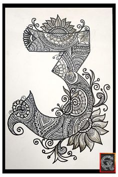 the letter c is made up of intricate designs and flowers on white paper with black border