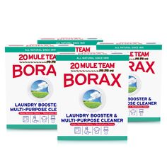 three boxes of borax laundry booster and multi purpose cleaner on a white background