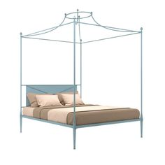 a blue metal bed frame with pillows on top and sheets folded over the headboard