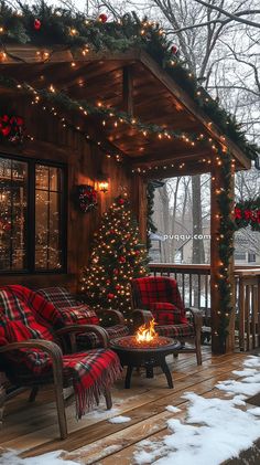 the porch is decked out with christmas lights and plaid furniture for cozy winter nights