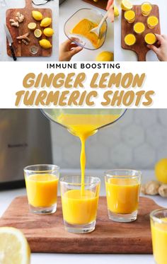 ginger lemon turment shots are being poured into glasses with orange juice in them