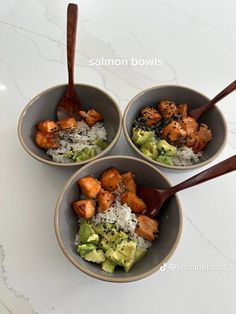 three bowls filled with different types of food