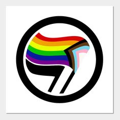 a rainbow colored logo in a black and white circle with the letter p inside it