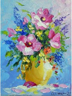 a painting of flowers in a yellow vase on a blue tablecloth with pink and white flowers