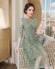 Lasaky - Elegant Three-Quarter Sleeve Lace Dress Elegant Green Dress With Floral Embroidery, Green Floral Embroidered Knee-length Midi Dress, Green A-line Midi Dress For Spring, Spring Green A-line Midi Dress, Fitted Green Midi Dress With Floral Embroidery, Green Floral Print Sheath Dress, Green Midi Dress With Floral Embroidery, Green Floral Embroidery Short Sleeve Dress, Chic Green Dress With Floral Embroidery